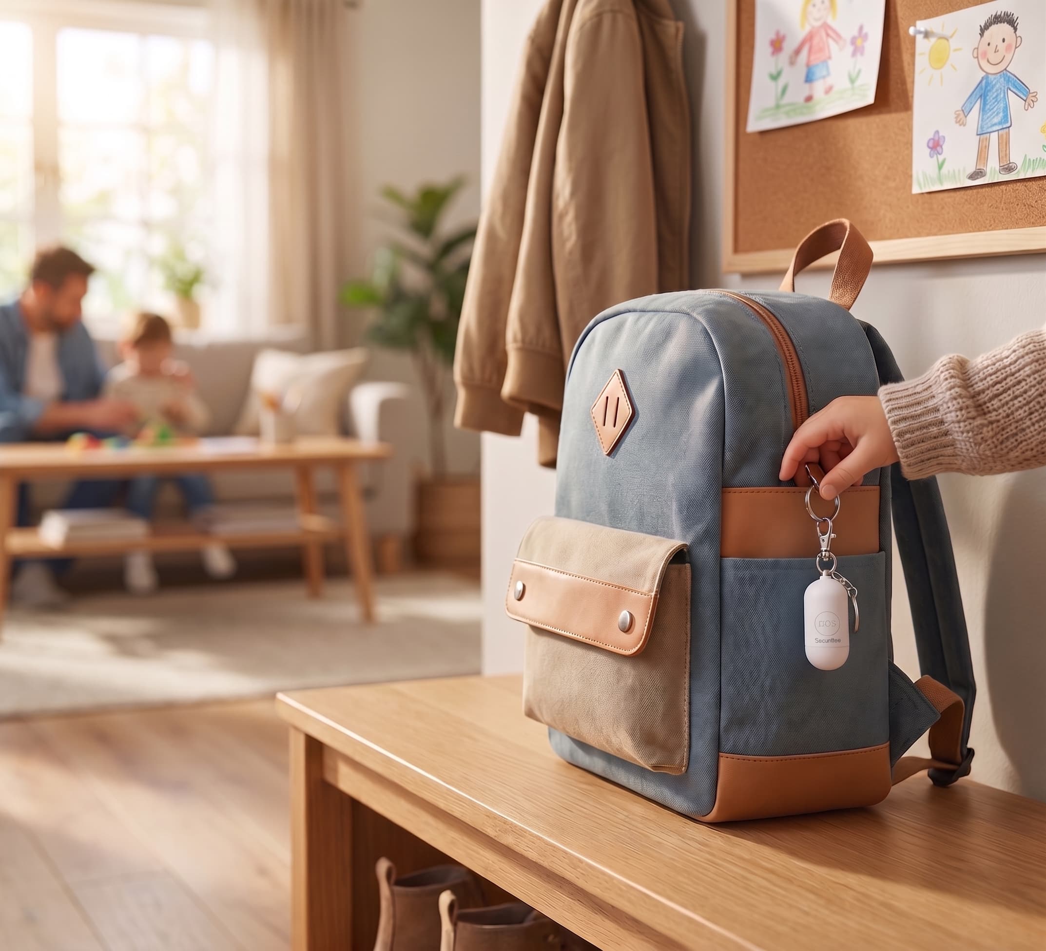 Securee Box accroché à un cartable enfant